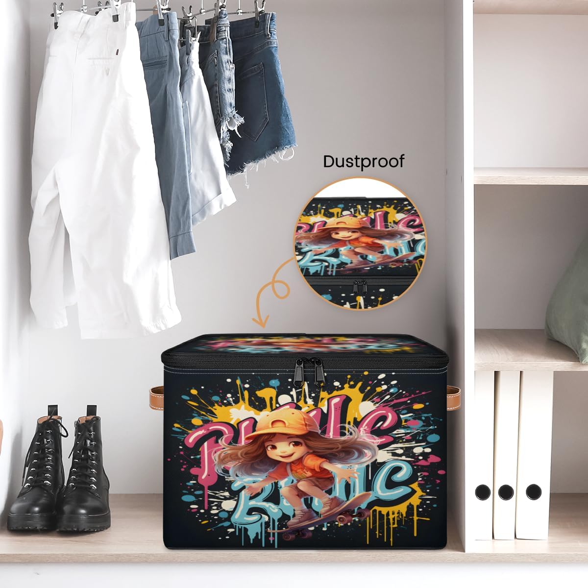 Storage Bin Set of 2 Cute Cartoon Storage Basket with Zipper Lid & Handle Foldable Closet Shelf 2 Pack Cloth Organizer Basket Cube Bins Clothes Organizer for Nursery, Bedroom