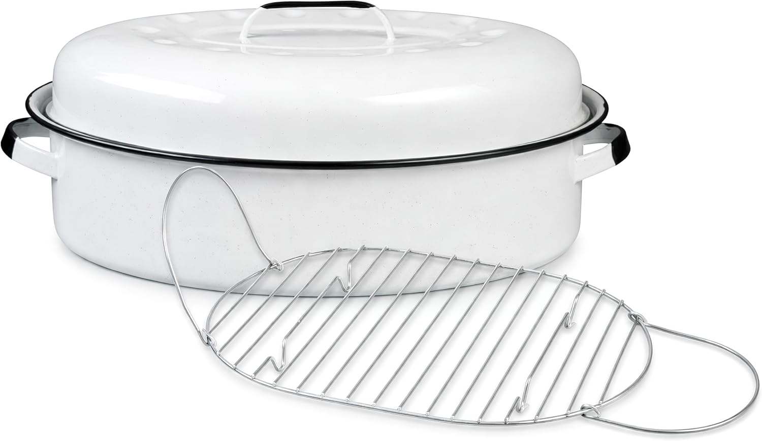 Model 322477 Oval Covered 18 Inch Roaster with Rack; Speckled White Finish; Porcelain Enamel Over Steel; Great For Turkey, Poultry, and Meats