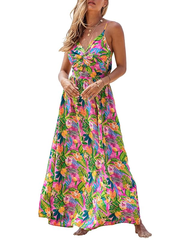 CUPSHE Women's Maxi Dresses V Neck Twisted Sleeveless Cutout Long Dress Summer Formal Resort Dress Tropical Floral, M by CUPSHE - Used condition - US$41.09
