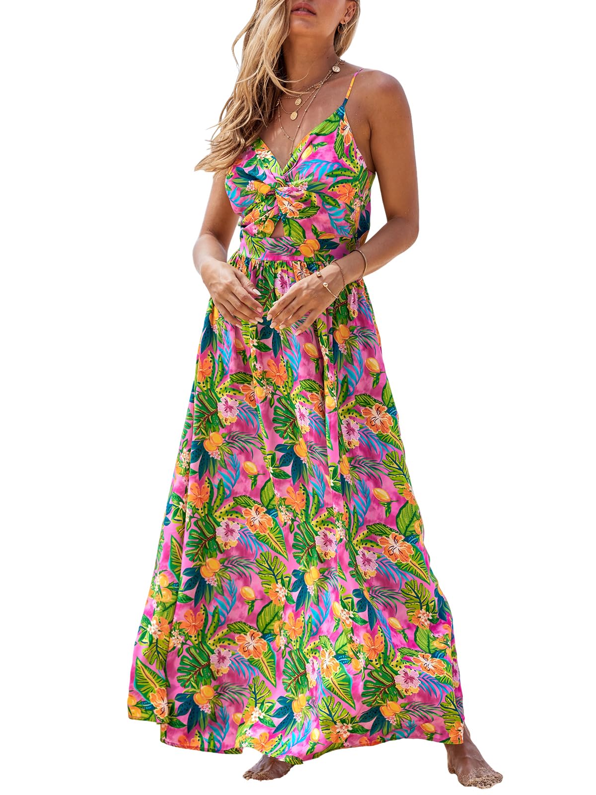 CUPSHE Women's Summer Dress, V-Neck, Twist Front, Boho Strappy Casual Camisole Dress, for Beach, Party, Tropical Floral