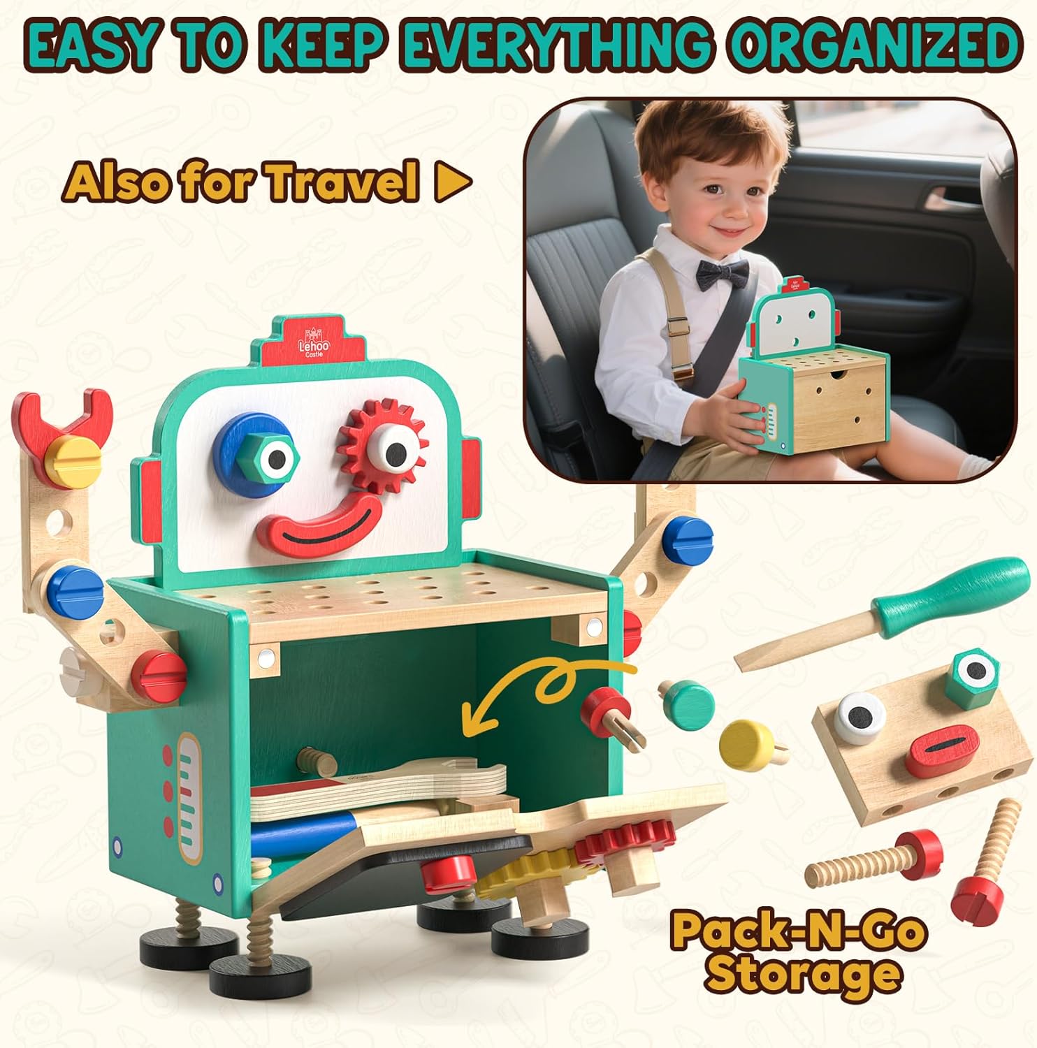 Lehoo Castle Kids Tool Set, Wooden Mini Toddler Tool Bench with Blackboard, Robot Construction Toys with Hammer Wrench Screwdriver, STEM Learning Toys for Age 3-5, Birthday Gift for Boys & Girls