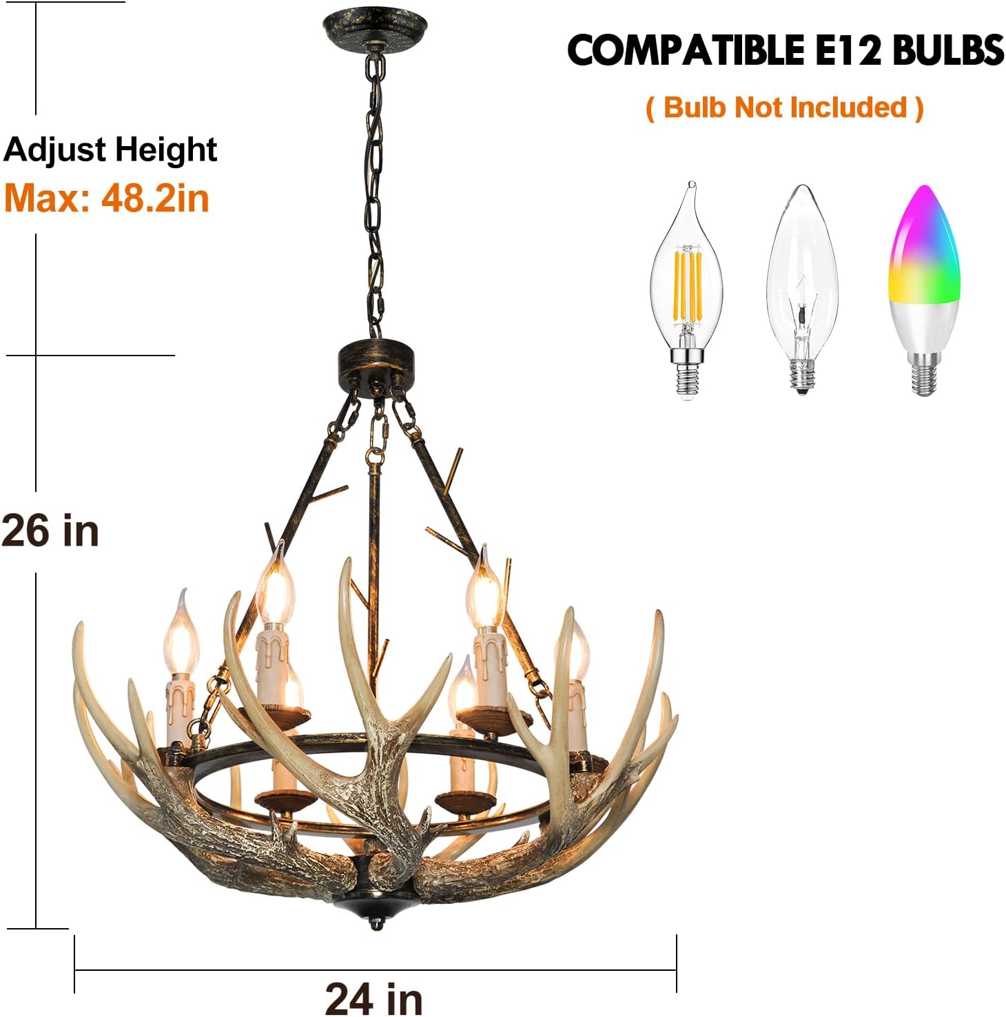 Rustic Antler Chandelier 6 Lights for Dining Room, Deer Farmhouse Chandeliers with Resin 6 Antlers and Wagon Wheel Frame Vintage Style Antler Light Fixtures for Living Room Kitchen Foyer