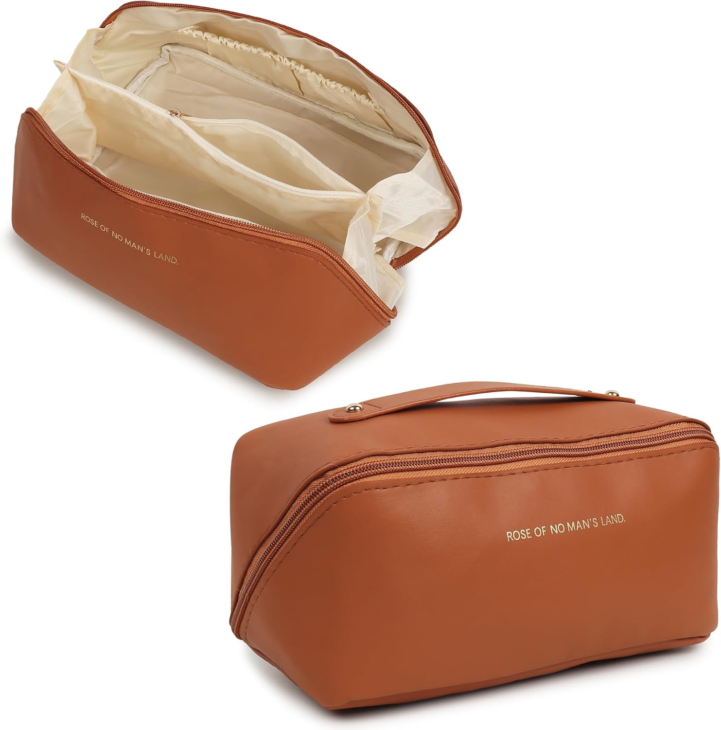 Travel Cosmetic Makeup Pouches for Women Travel Organizer Bag Portable Pouch Open Flat Toiletry Bag Make Up Organizer with Divider and Handle, Brown, Travel Accessories