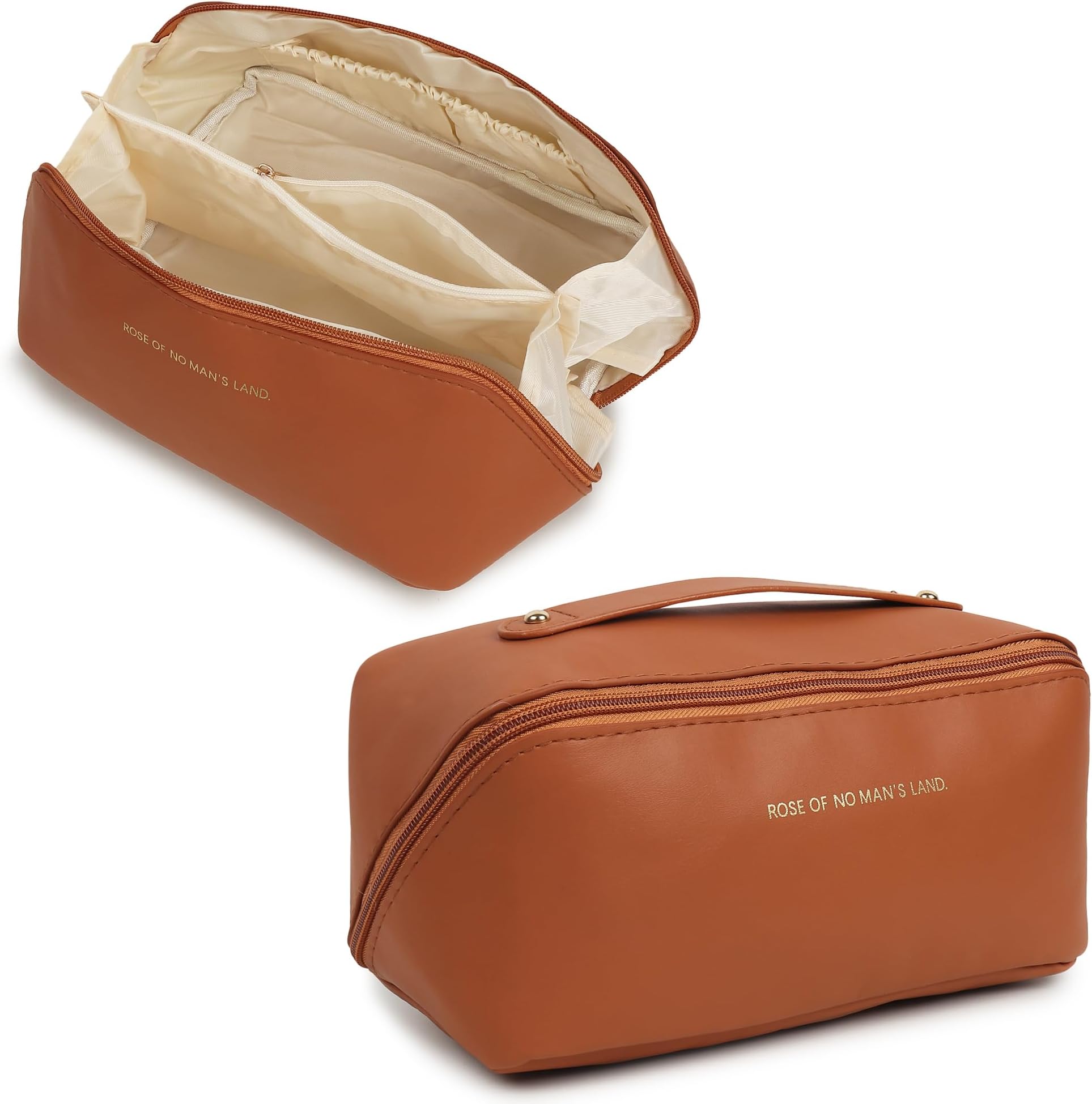 Travel Cosmetic Makeup Pouch Bag Travel Organizer Bag Portable Pouches for Women Open Flat Toiletry Bag Make Up Organizer with Divider and Handle (Brown)