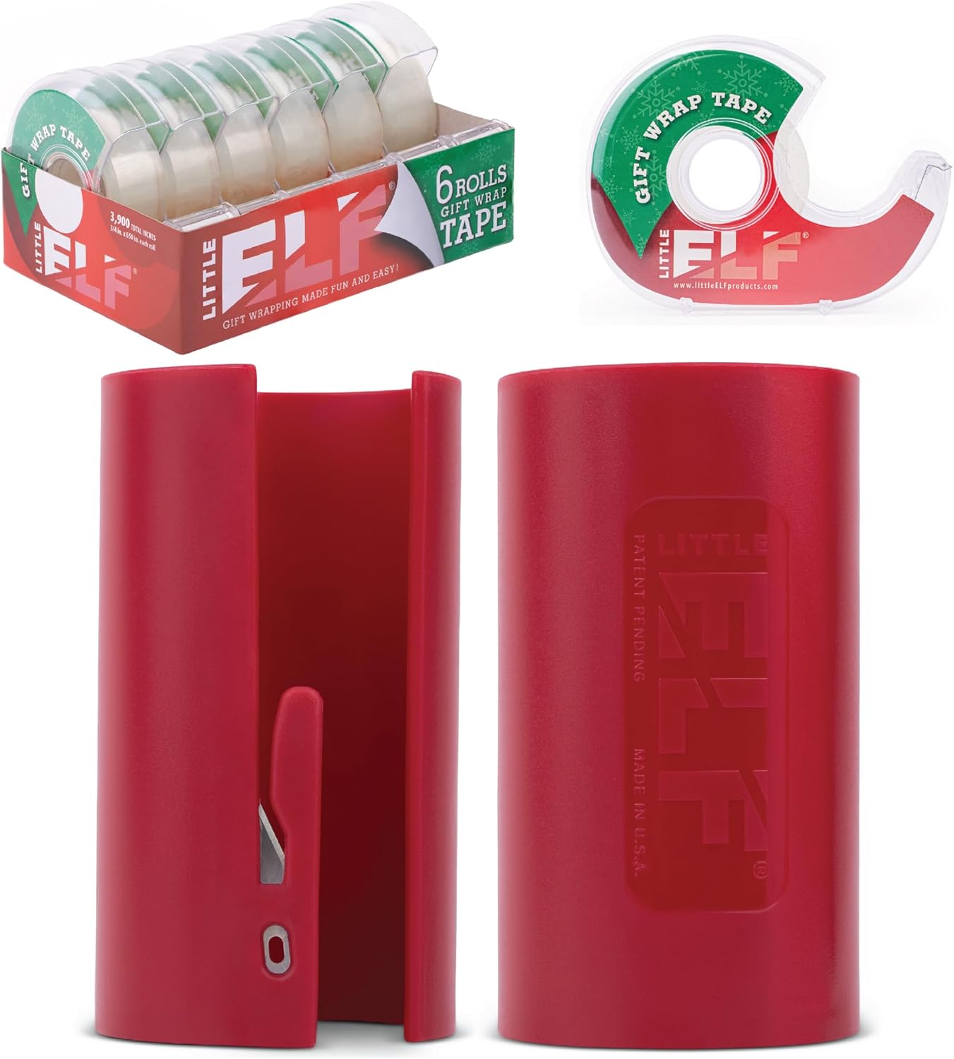 Value Pack of Little ELF Gift Wrap Cutter and Clear Gift Wrap Tape Bundle Package, As Seen on Shark Tank, Holiday Wrapping Paper Cutter, 6 Rolls of Gift Wrapping Tape
