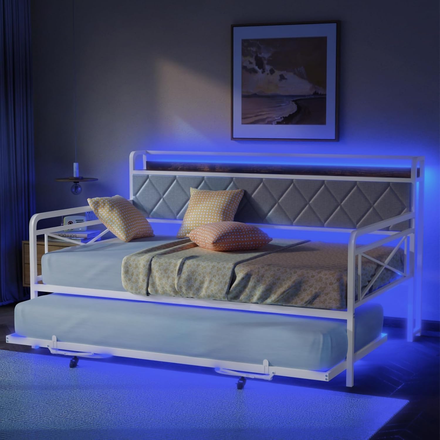 VINGLI Twin Daybed with trundle extended and LED lights illuminated in blue