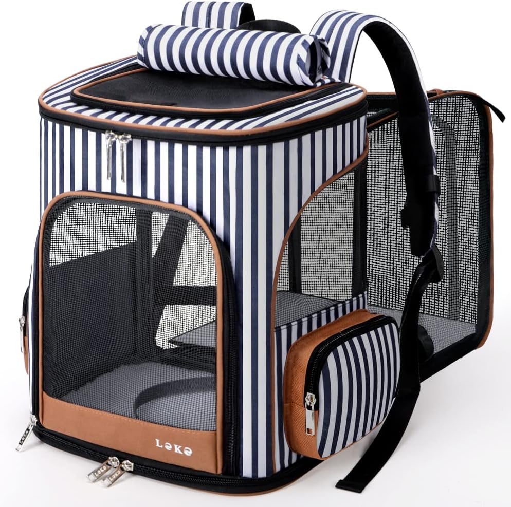 Lekereise Pet Carrier Backpack Expandable Cat Backpack for Small Dogs Cats, Dog Backpack Bag with Breathable Mesh and Inner Safety Leash, Striped Lekereise Pet Carrier Backpack Expandable Cat Backpack for Small Dogs Cats, Dog Backpack Bag with Breathable Mesh and Inner Safety Leash, Striped