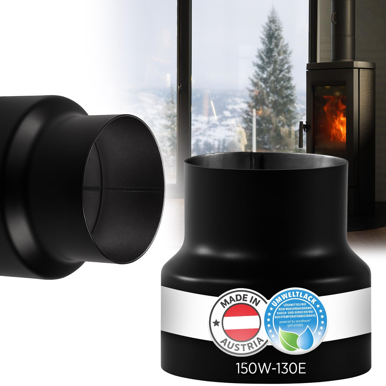 BERTRAMS Riduzione 150W-130E, colore nero, riduzione del tubo per stufa, riduzione da 150 a 130, lunghezza 15 cm, per canna fumaria e canna fumaria, lamiera di acciaio da 2 mm, vernice Senotherm