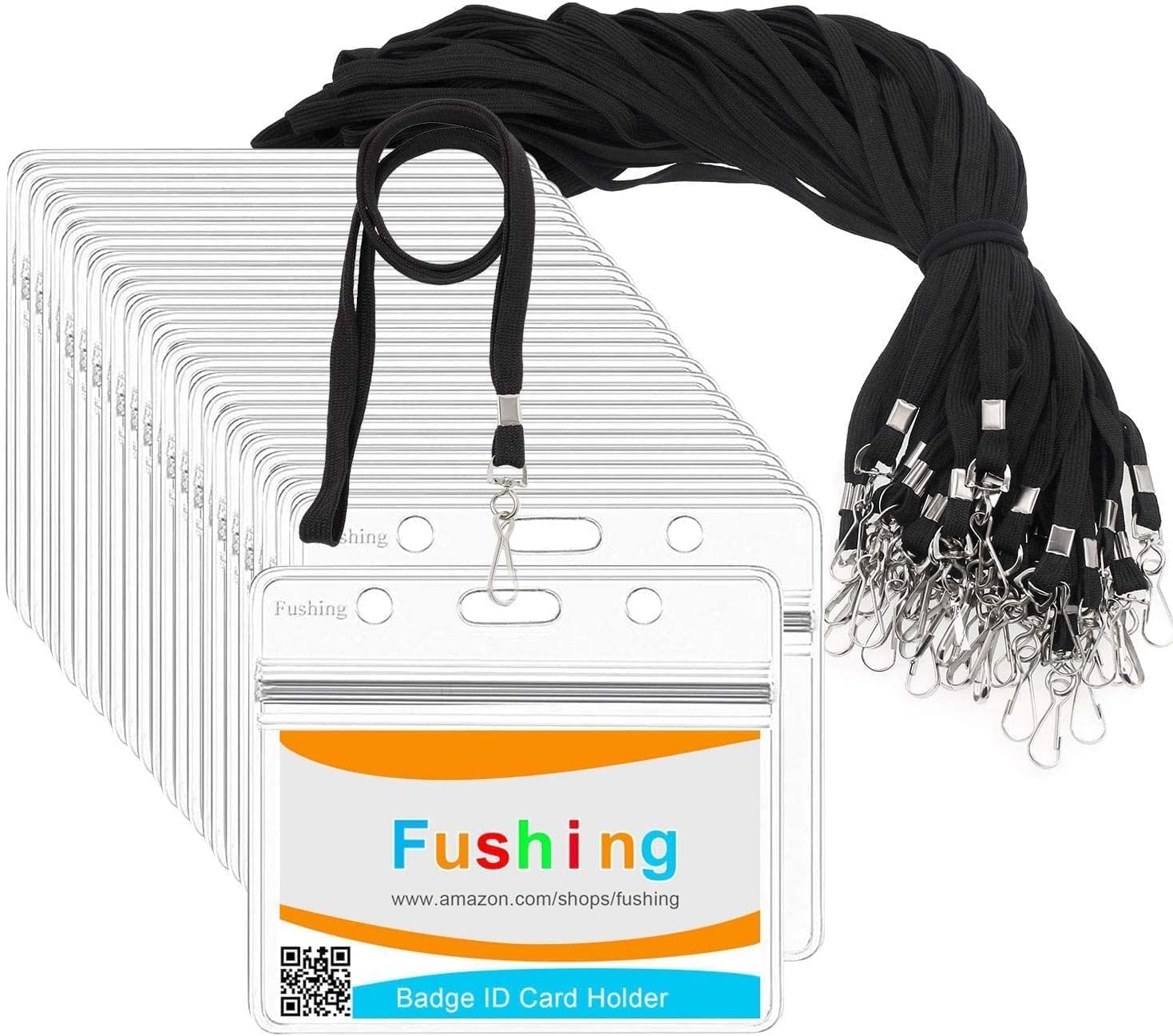 Fushing 20Pcs Clear Plastic Horizontal Name Tags Badge ID Card Holders and 20Pcs Flat Neck Lanyards with Swivel Hook