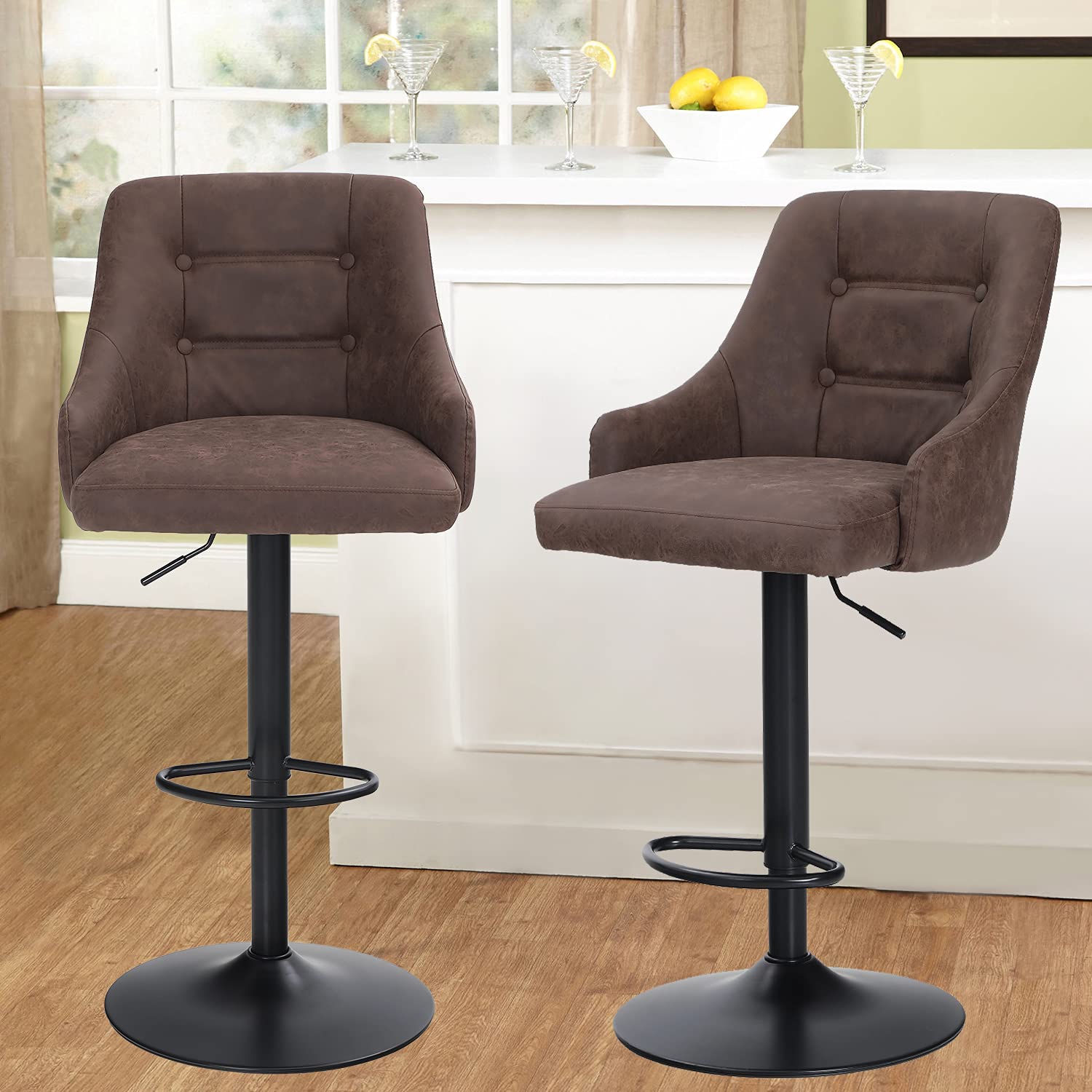 MAISON ARTSAdjustable Swivel Bar Stools with Backrest, Brown, Metal Frame, Faux Leather Seat, 300 lbs Weight Capacity, Easy Assembly