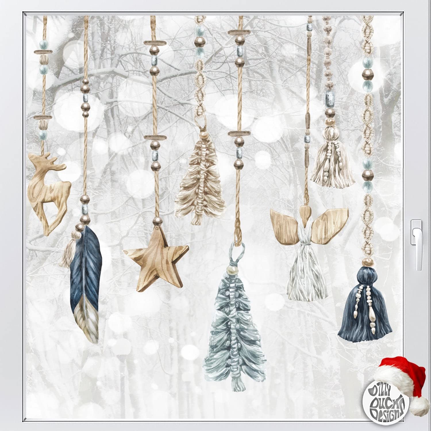 Dizzy Duck 10Pcs Boho Christmas Bauble Window Sticker Set - Blue Macrame Classy Watercolour Xmas Baubles Window Decoration - Reusable Window Decals Clings
