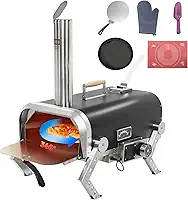 Forno de pizza ao ar livre de aço inoxidável, fogão a lenha com pedra de pizza rotativa automática de 30 cm, churrasqueira portátil para festas de quintal, acampamento e piqueniques (preto)