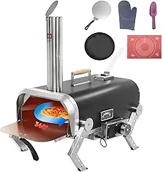 SKYCORPS Forno de pizza ao ar livre de aço inoxidável, fogão a lenha com pedra de pizza rotativa automática de 30 cm, churrasqueira portátil para festas de quintal, acampamento e piqueniques (preto)