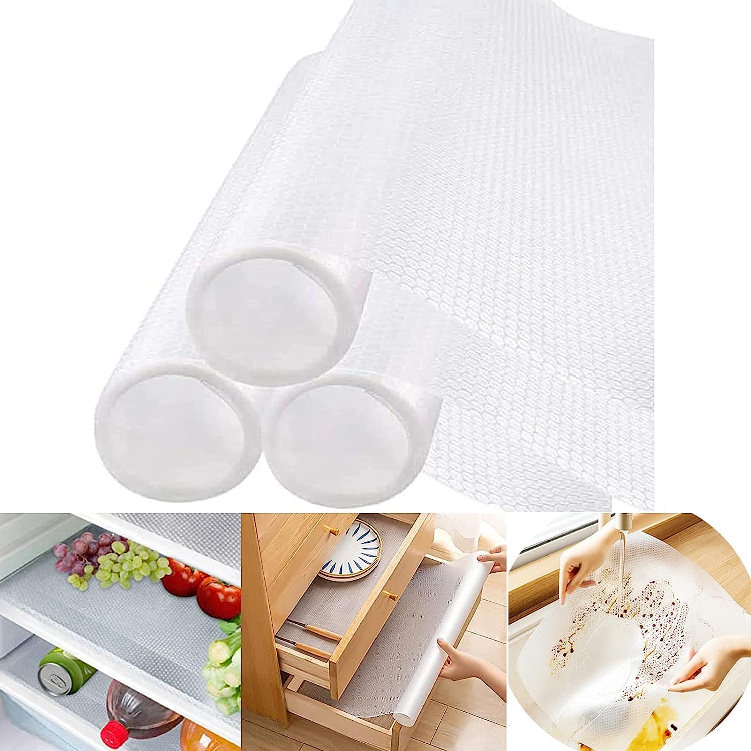 Homarket Shelf Liners, EVA Drawer Mats, 3 Rolls 150x30cm Cupboard Pad, Kitchen Cabinet Lining Fridge Cushion for Home Office