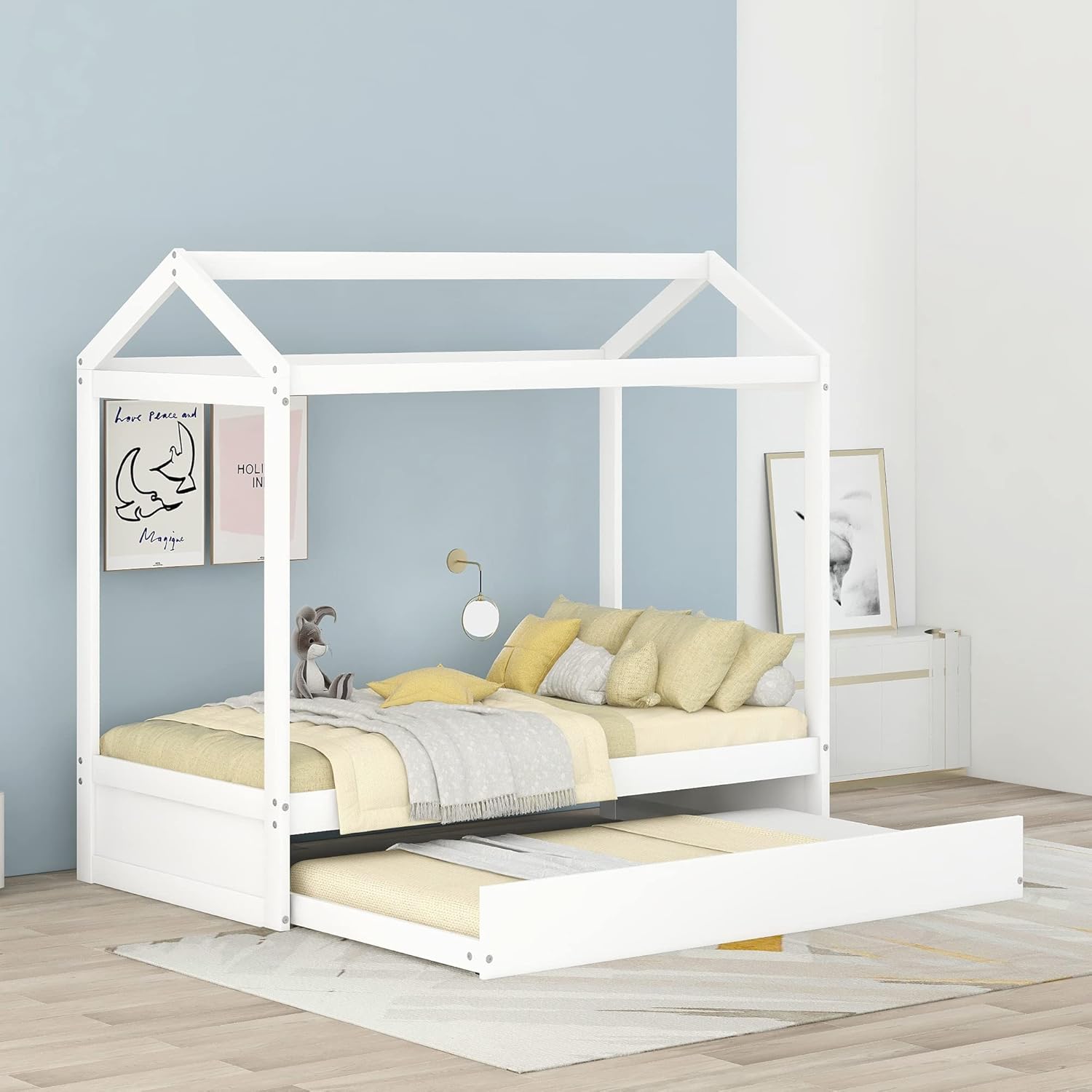 Harper & Bright Designs Cama individual de casa para niños, marco de cama de tamaño individual con nido y techo, cama de casa de juegos para niños,