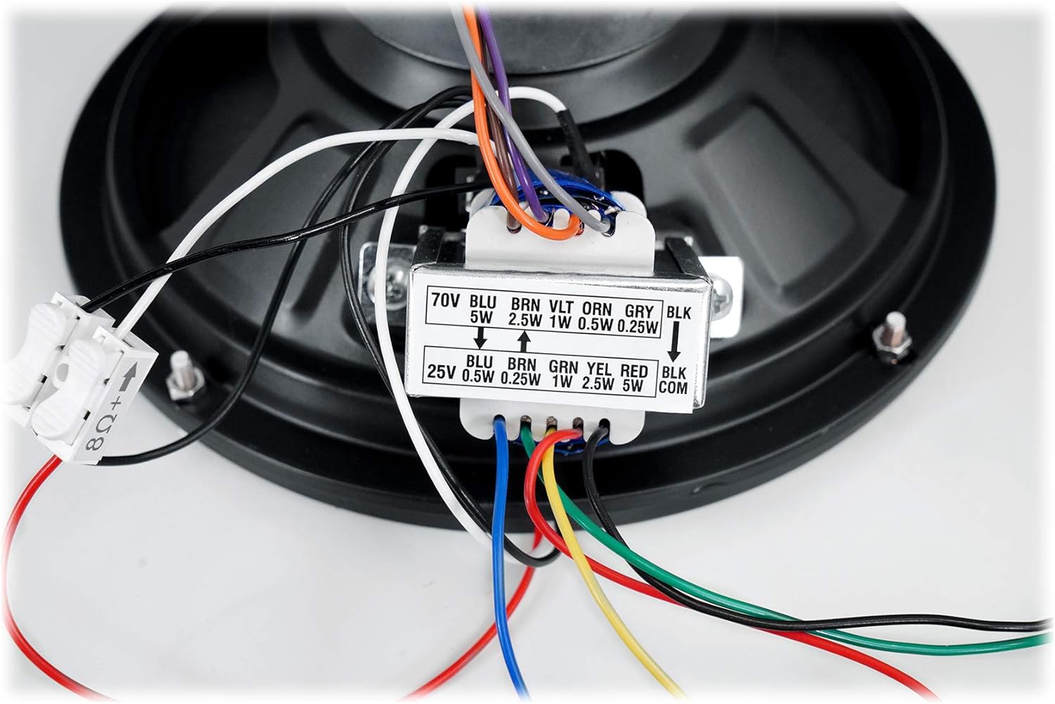 Close-up of the transformer taps on the Rockville MS81 speaker with color-coded wires.