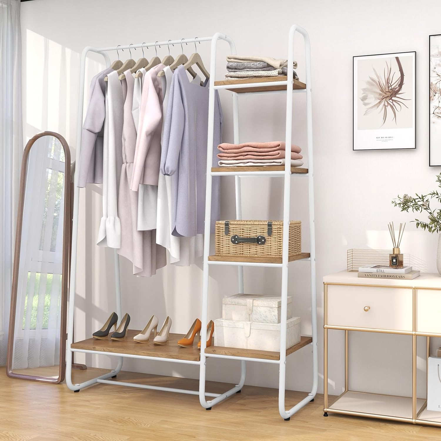 Tangkula Garment Rack with Shelves, Clothes Rack with 5 Shelves & Hanging Bar, Open Wardrobe for Hanging Clothes and Storage, Free Standing Closet Organizer, Clothing Rack for Bedroom Entryway