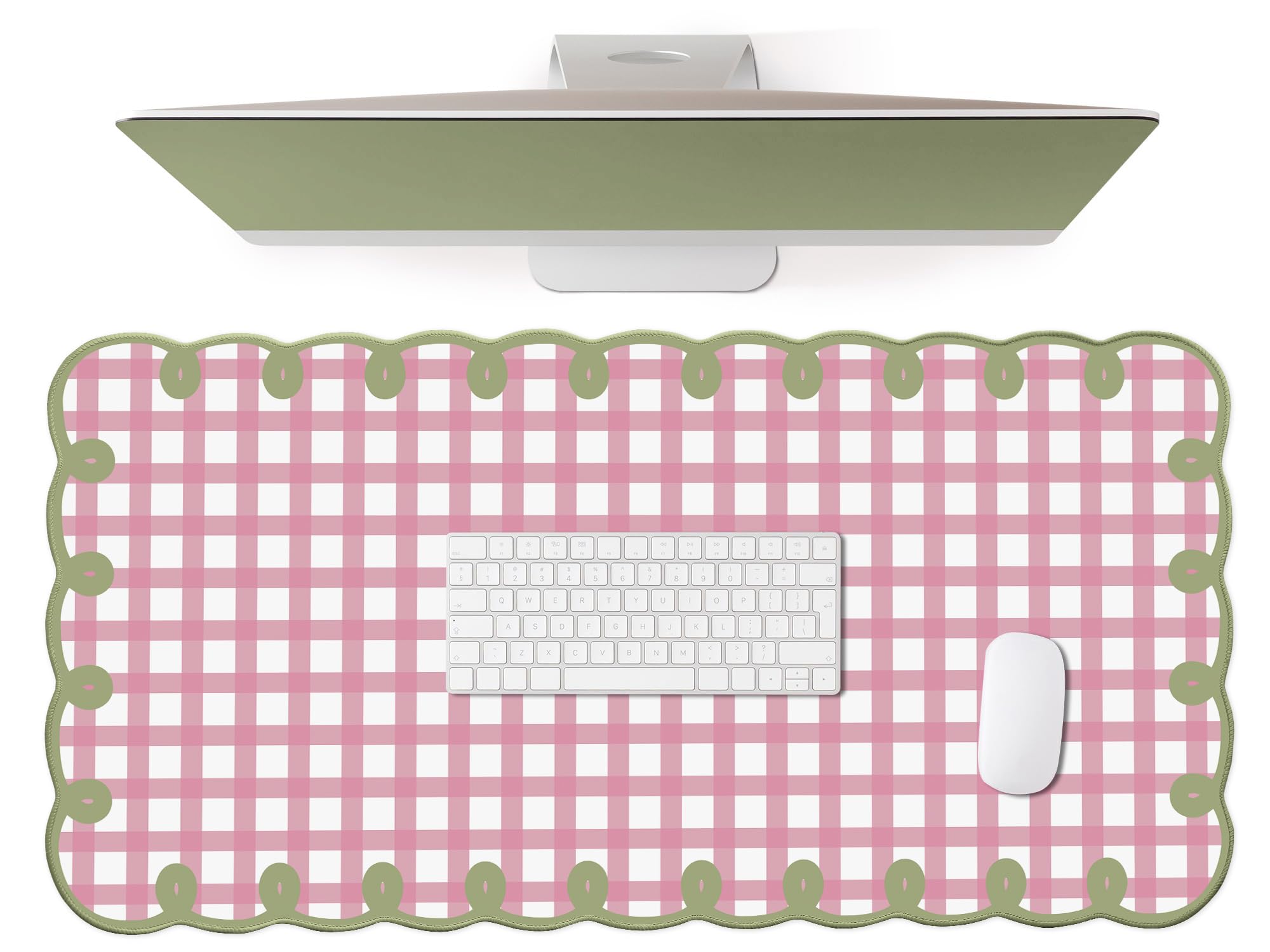 Cute Pink Desk Mat Checkered Large Mouse Pad with Scalloped Edges Cozy Vintage Cottagecore Aesthetic Office Desk Decor Stitched Nonslip Pad for Computer Keyboard & Mouse 31 * 15.7in