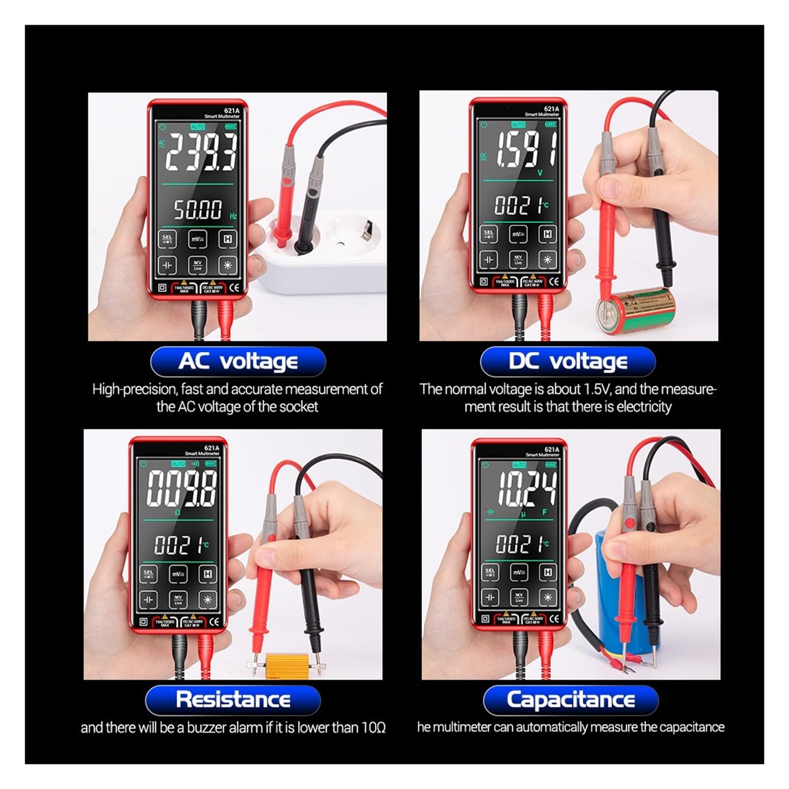 Comprobador MultíMetro Multímetro Digital Inteligente Pantalla Táctil Multímetro Probador Transistor 9999 Cuenta RMS Verdadero Rango Automático DC/AC 10A Medidor Precisión Seguro(621A Black sheath)