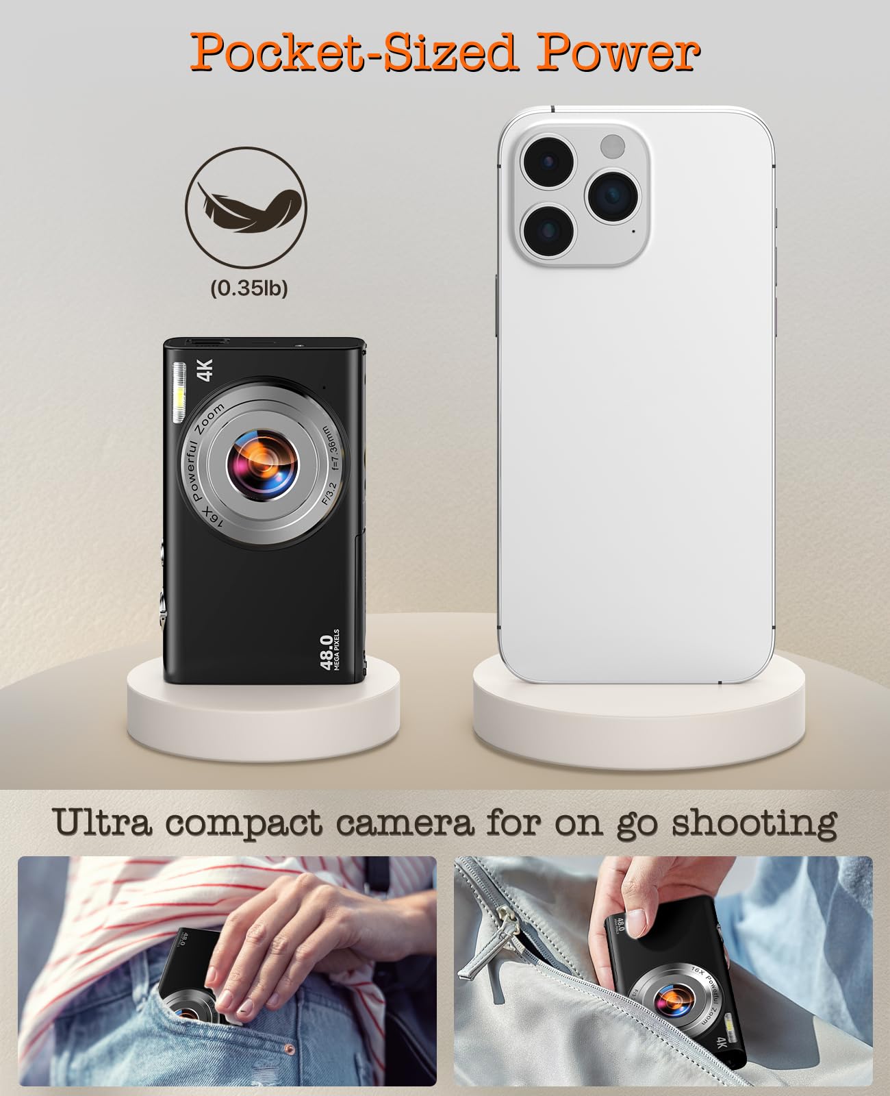 Cámara digital, cámara de vlogging 4K para cámaras de enfoque automático de YouTube para fotografía con zoom digital de 16X, cámara digital compacta de 48 MP para adolescentes y adultos con tarjeta SD