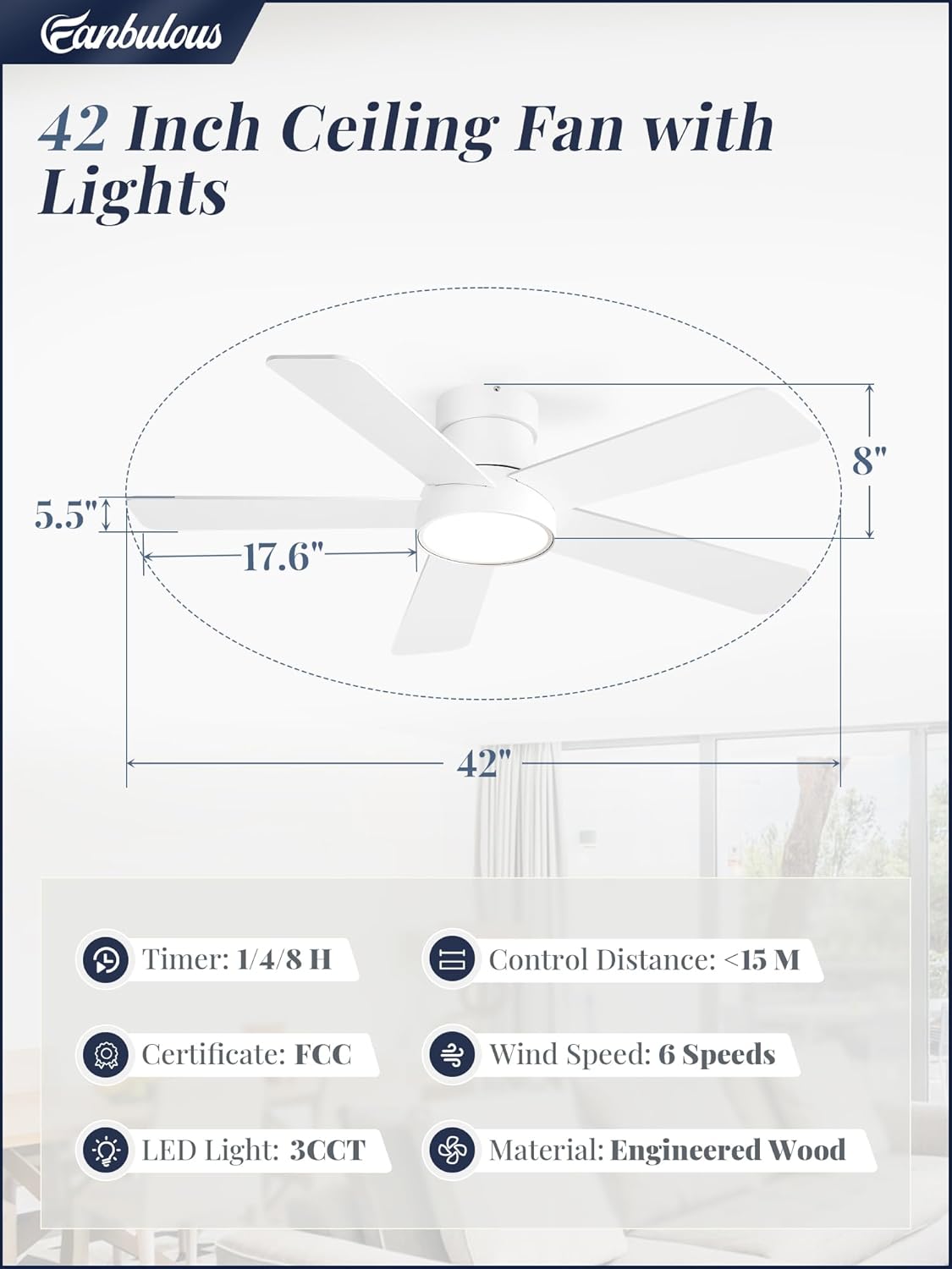 Fanbulous 42 Inch Ceiling Fans with Lights and Remote,Indoor Modern Flush Mount Ceiling Fan with 3CCT 6-Speed Quiet DC Motor,White Small Low Profile Ceiling Fan for Bedroom Living Room Office