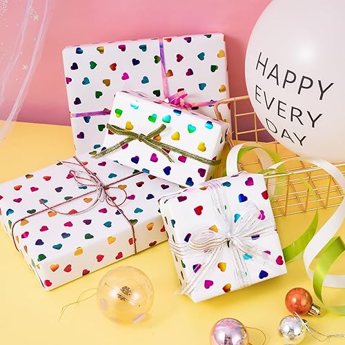 Miniatura 7 de LeZakaa Rollo de papel de regalo de San Valentín, diseño colorido holográfico impreso de corazones para cumpleaños, aniversario, baby shower,
