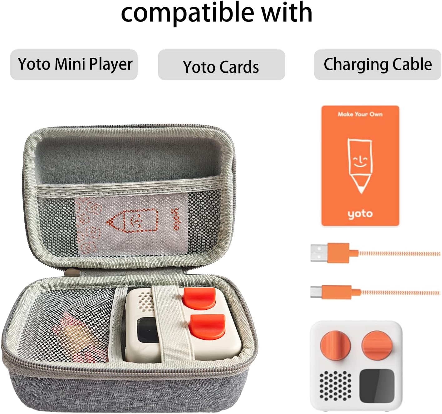 Hard Case Cover for Yoto Mini Player, Storage Holder Case with Mesh Pocket for Kids Audio Music Accessory Card (Grey)