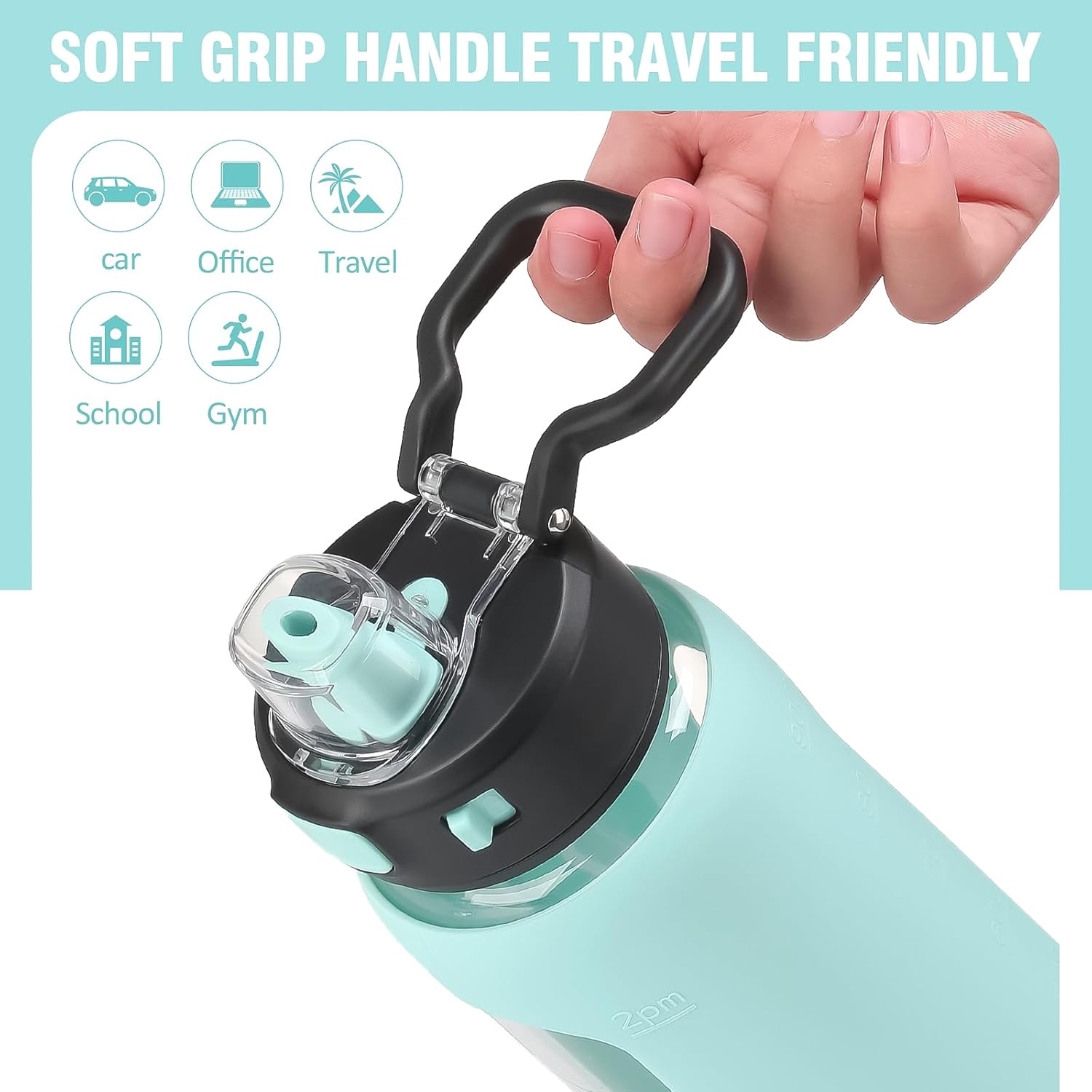 Kodrine 32 oz Glass Water Bottle with Straw and Carry Loop, One-Touch Leakproof Locking Lid, Reusable Drinking Bottle with Time Marker for Travel Home Gym Sports (light Blue) - Image 3