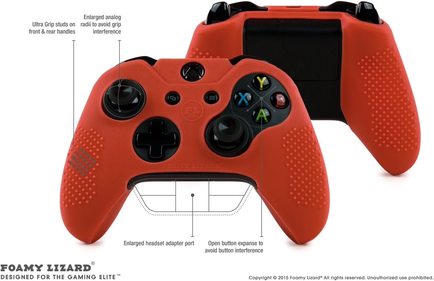 ParticleGrip Studded Skin Set for Xbox One (& One S) by Foamy Lizard – Patent Pending Silicone Skin Cover Antislip Studs Plus Matching Set of 4 AceShot Analog Thumbgrips (Red)