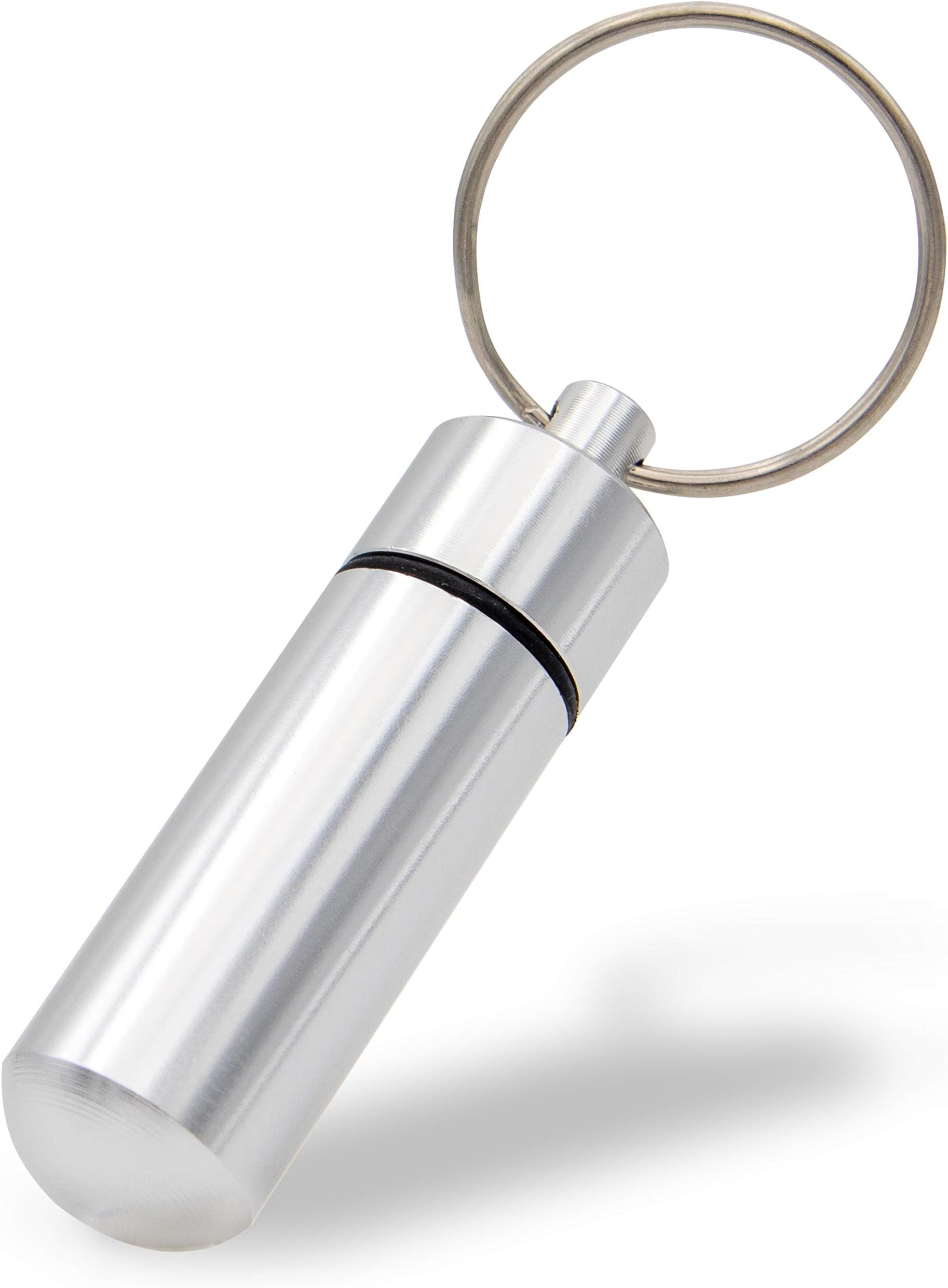 Aribari Mini Aluminium Pill Box with Key Ring. Waterproof Tablet Box. Emergency Capsule. Gift tag or Address tag. Also for Pet ID. Length 5,2 cm ø 1,4 cm (Silver 1 Piece)