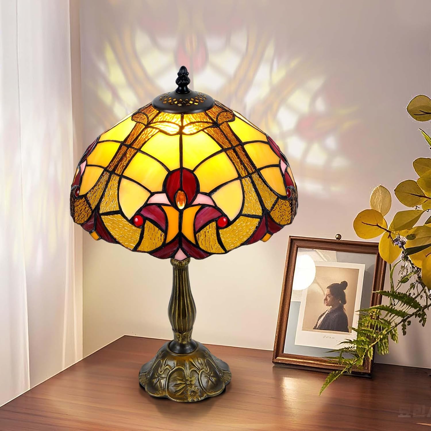 Luxury 12" Handmade Tiffany Style Table Lamp, Baroque Stained Glass Lamp for Bedroom, Living Room, Office, or Study – Easy Assembly, Includes 9W LED Bulb, Heavy Stable Base