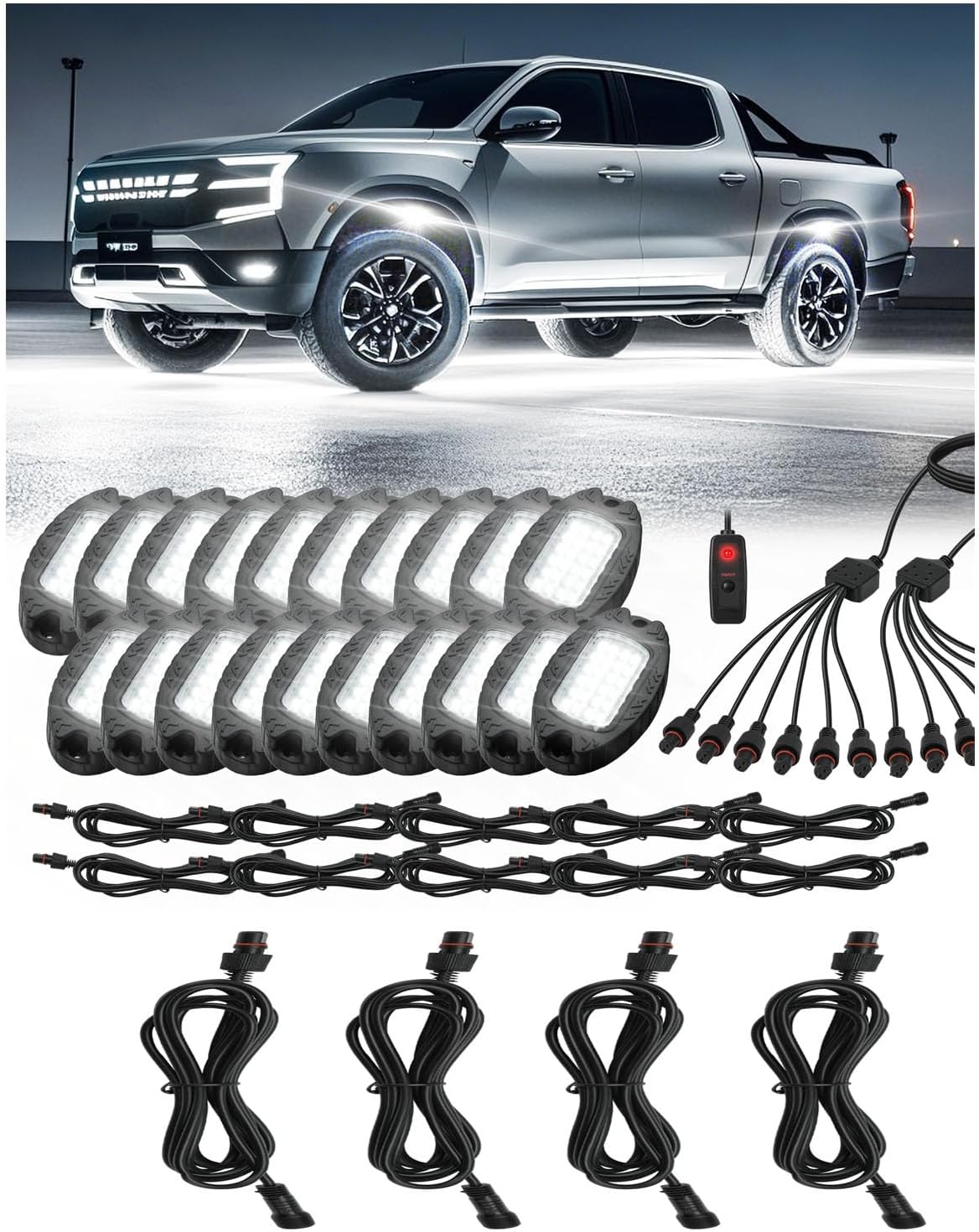 20 Pods Pure White LED Rock Lights and 4 Pieces of 78-Inch/6.56-Foot 2-Pin White LED Rock Light Extension Cable Set