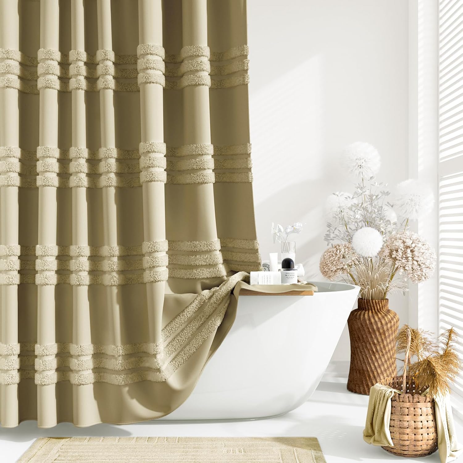 Amazon.com: Dynamene Beige Fabric Shower Curtain, Tufted Chenille ...