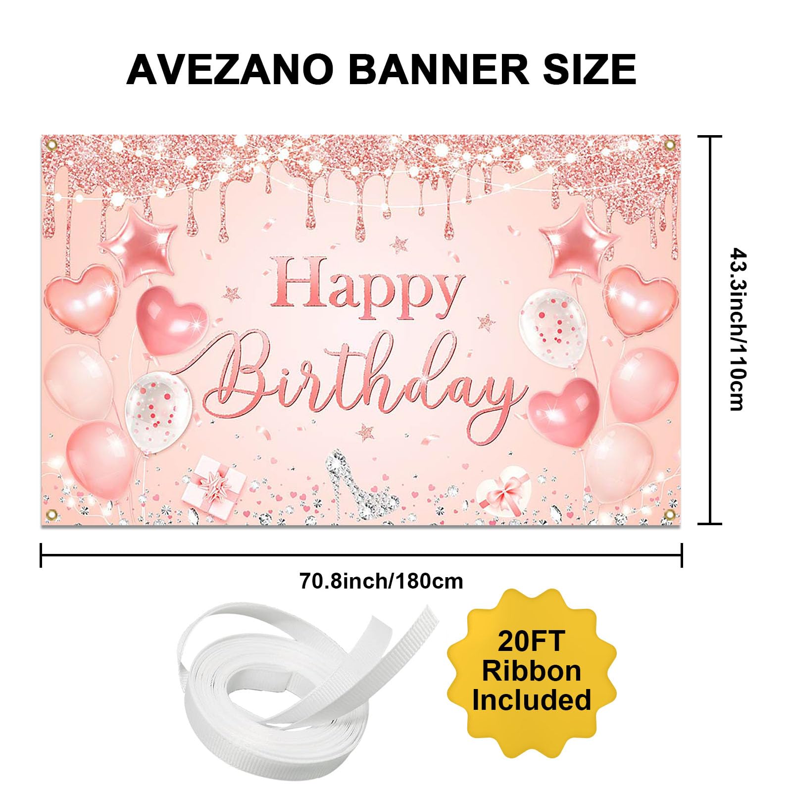 Avezano Happy Birthday Banner for Women and Girls Pink and Rose Gold Happy Birthday Party Decorations Glitter Happy Birthday Backdrop Pink Birthday Party Supplies 70.8 x 43.3 Inch