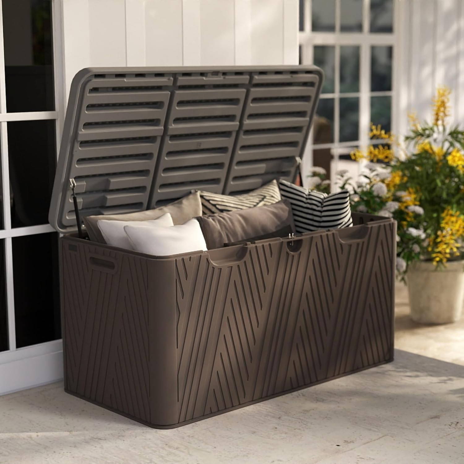 60 Gallon Outdoor Storage Box, Waterproof Patio Deck Box with Lockable Lid, Heavy-Duty HDPE Bench for Garden Tools, Cushions (Black, 60 Gallon)