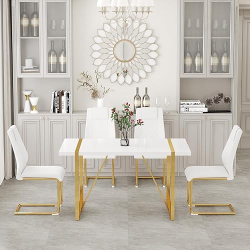 Miniatura 7 de Juego de mesa de comedor moderna de 55 pulgadas para 4, mesa de comedor blanca y marco de metal dorado, mesa de comedor rectangular con 4 sillas de