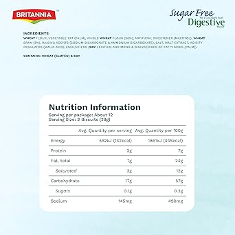 BRITANNIA Digestive Sugar Free Biscuits 12.34oz 350g - Whole Wheat Flavor Cookies - Breakfast & Tea Time Healthy Snacks Pack of 1