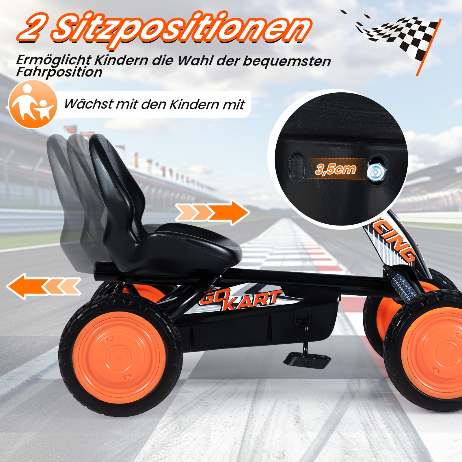 COSTWAY Kinder Gokart mit Pedal, Go Kart mit verstellbarem Sitz, Vor- & Rückwärtsgang, Tretauto bis 30 kg belastbar, Tretfahrzeug Outdoor mit Reifen für Jungen & Mädchen ab 3 Jahren (Schwarz)
