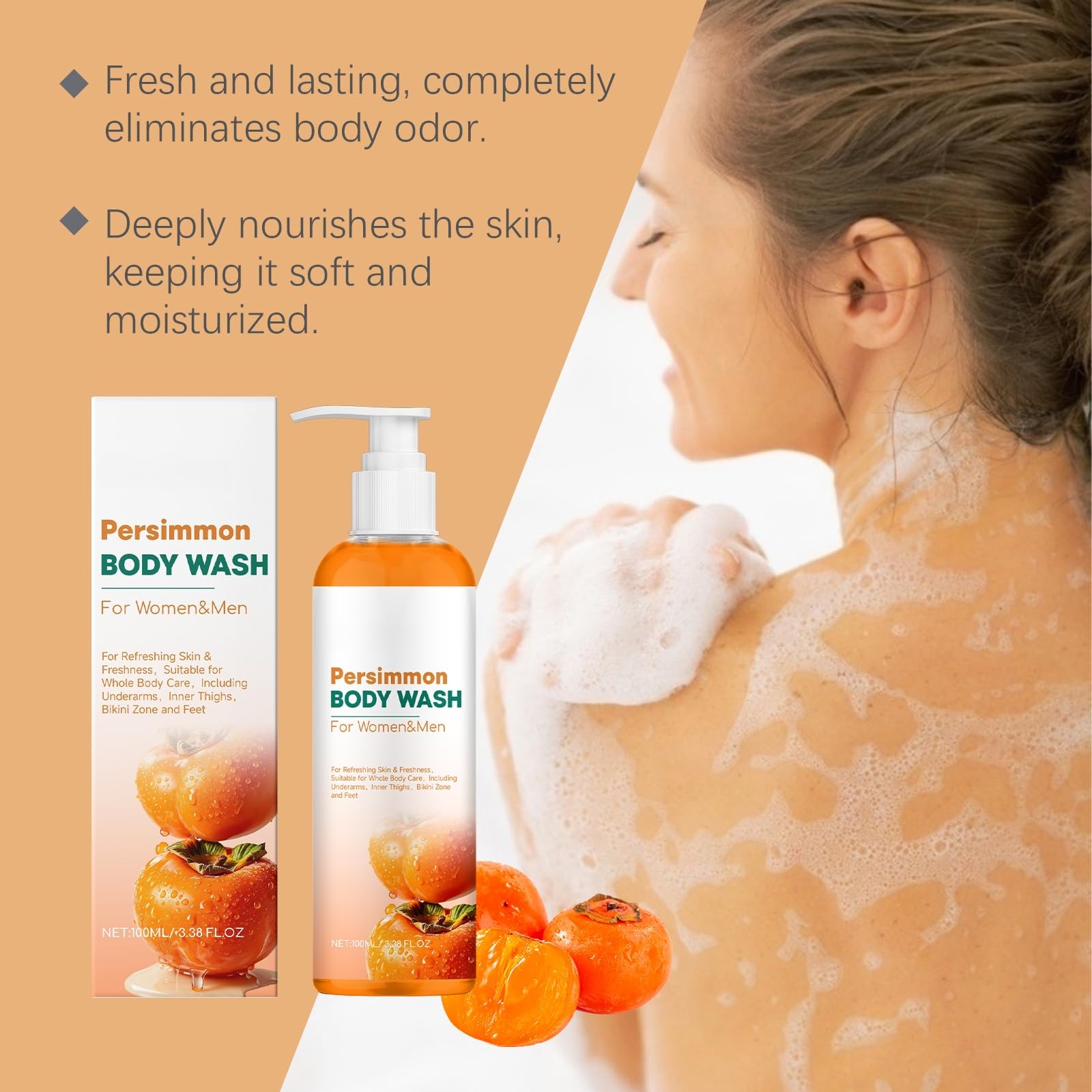 Gel doccia deodorante naturale al cachi, ideale per gli anziani, elimina gli odori del corpo e pulisce in profondità grazie all'olio di tea tree. Adatto per la zona intima (6p cs)