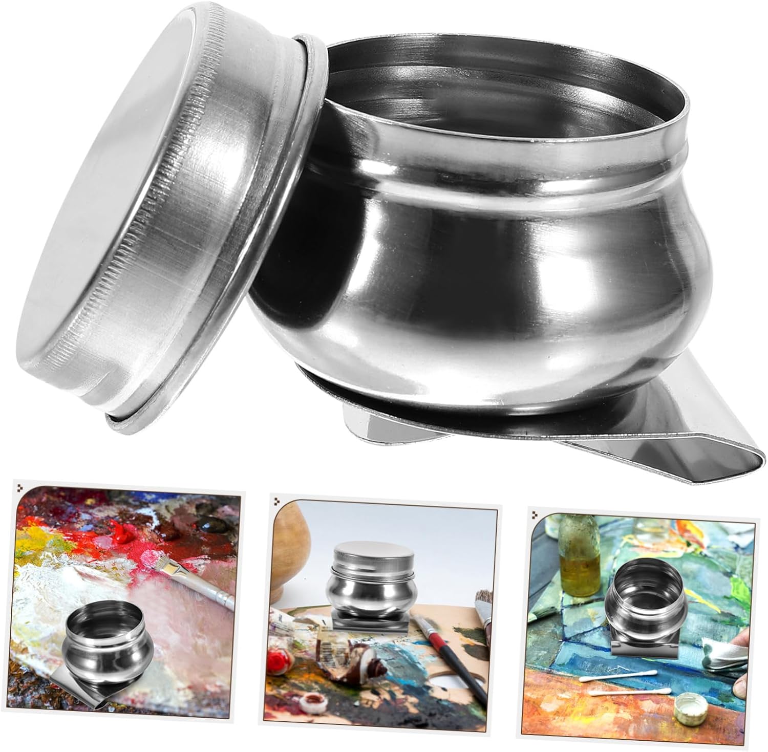 SEWOART 2pcs Stainless Steel Palette Cups for Oil Painters Dipper Pot Watercolor Painting Supplies Portable Cleaning Pot Lid