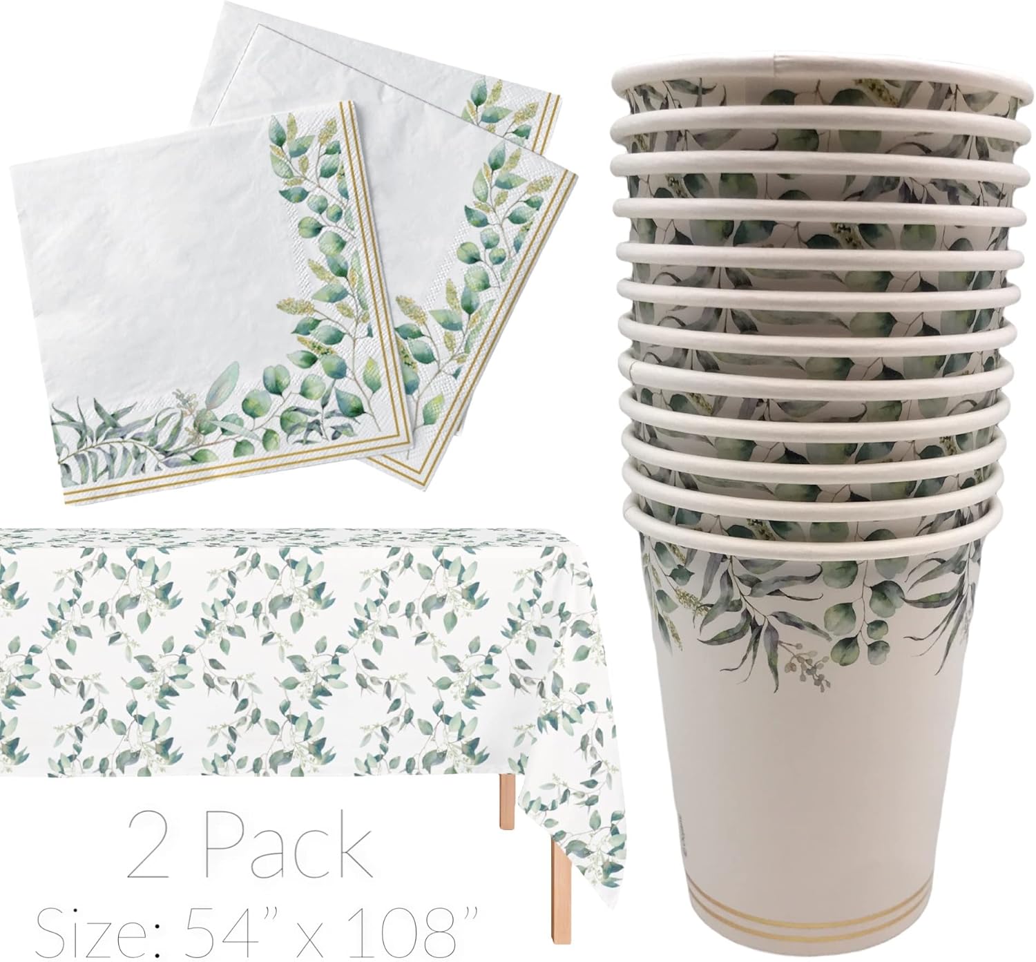 Oojami Floral Party Supplies Set for 24 – Eucalyptus Greenery Plates, Cups, Napkins, Straws & Table Covers, Disposable Botanical Tableware for Baby Shower, Bridal Shower, Wedding, Birthday, Tea Party