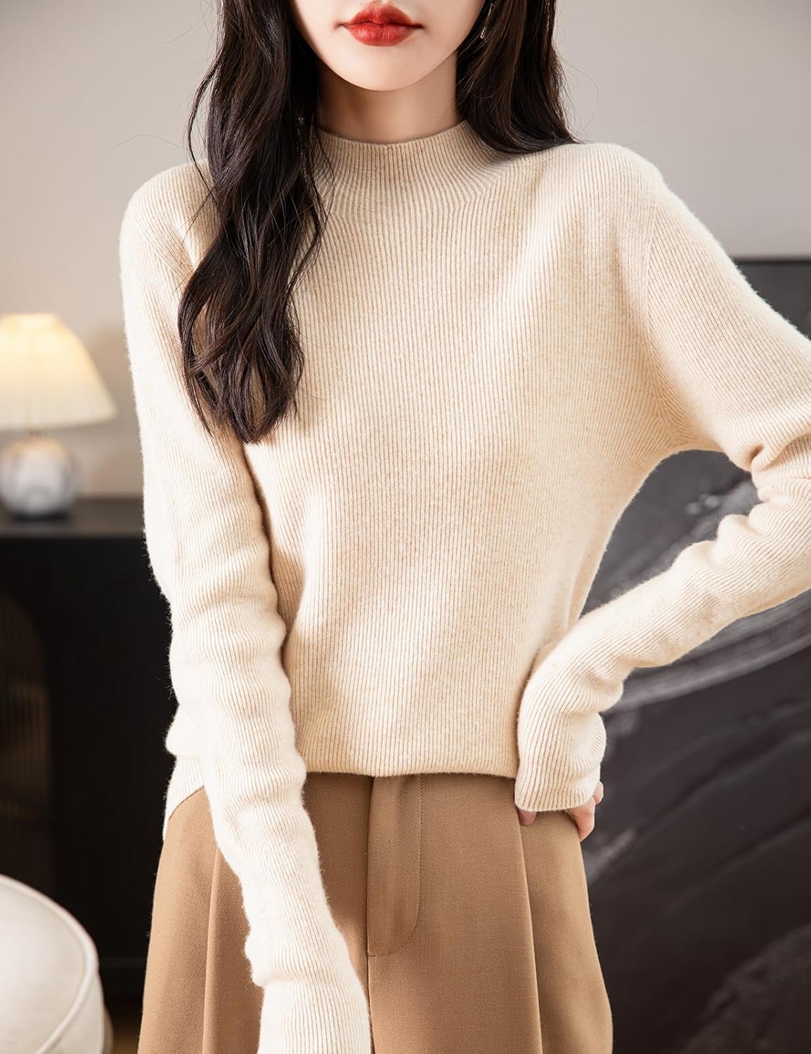 Chanyarn Women's 100% Merino Wool Seamless Sweater Mock Neck First-Line Ready to Wear Long Sleeve Ribbed Knit Pullover