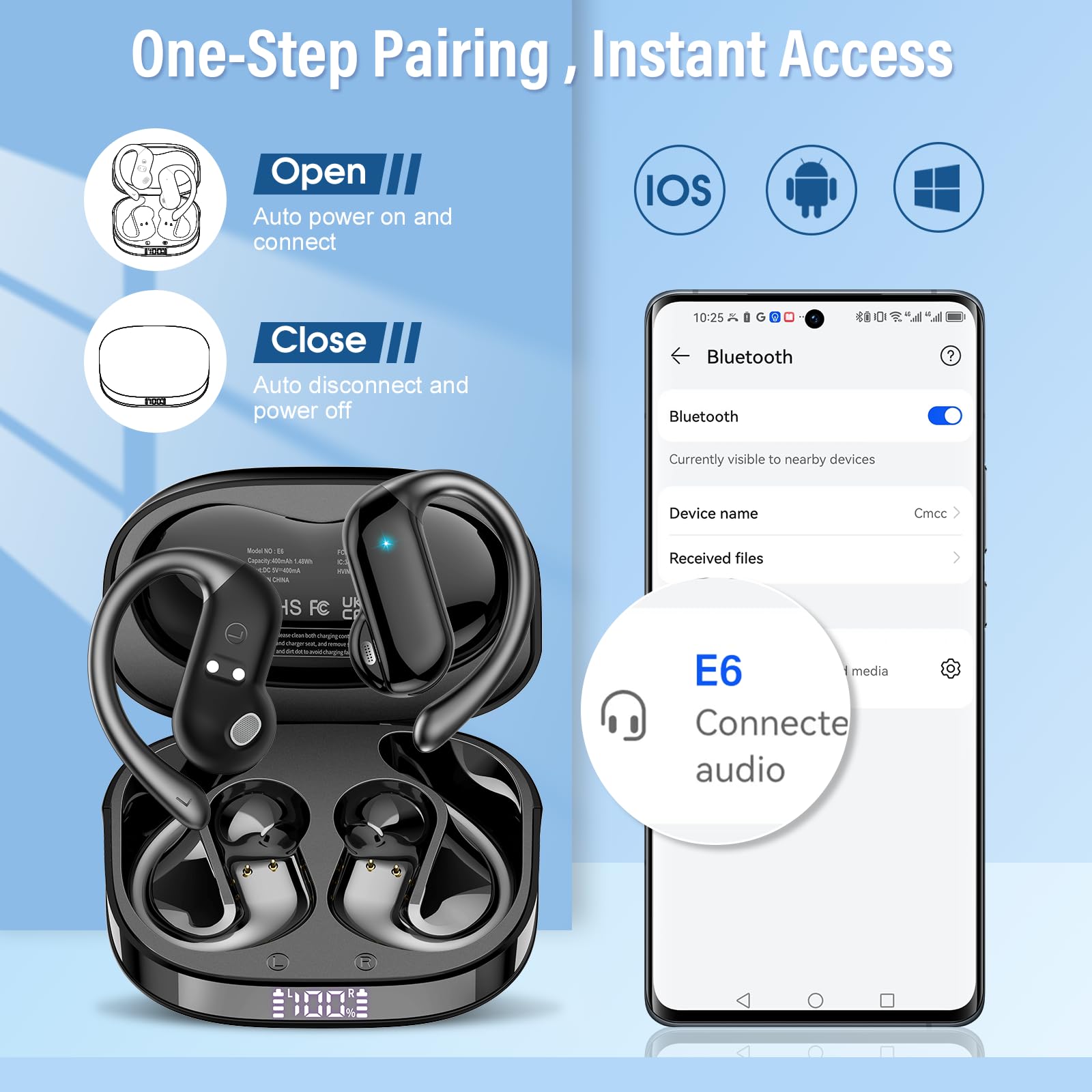 Cuffie Open-Ear, 42 Ore Auricolari Sportivi Bluetooth 5.4 con ENC Mic e Gancio Auricolare Air, IPX7 Cuffie Bluetooth con Display LED per Fitness/Corsa/Ciclismo, Controllo Touch, iOS Android