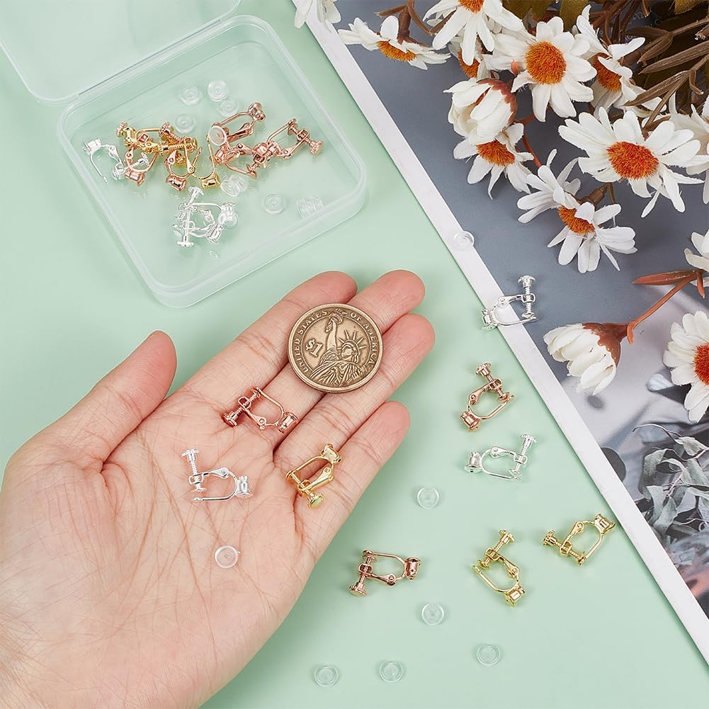 1 Box 24Pcs Screw Back Earring Converter Silver Earrings Clip Back Brass Painless Real 18k Gold Plated Earring Clip with Pad Non Pierced Earring Findings for Jewelry Making Supplies DIY Craft