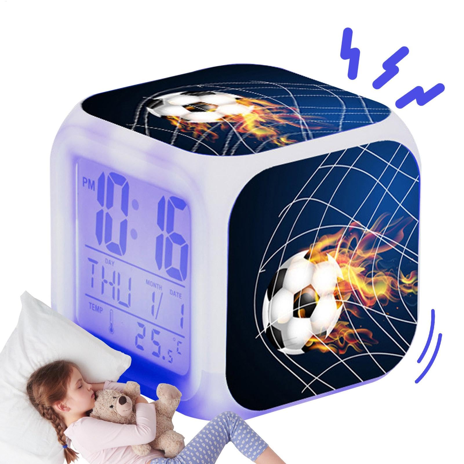Réveil LED pour adolescents - Réveil de football USB avec changement de couleur et veilleuse - Horloge de table numérique carrée amusante pour les amateurs de football, chambre d'enfant, décoration de