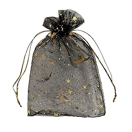 YHJZ 100PCS Moon Star Organza Bags, 4x6 inches (10x15cm) Small Mesh Bags Drawstring, Jewelry Gift Pouches for Wedding, Party, Festival, Makeup Organza Favor Bags (Black)