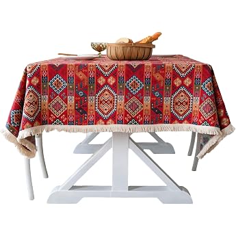 Bohemian Vintage Tablecloth 100 x 140 cm Garden Tablecloth with Tassel Rectangular Ethnic Coffee Tablecloth Wipe Clean Stain Protection for Parties Parties Picnics Household