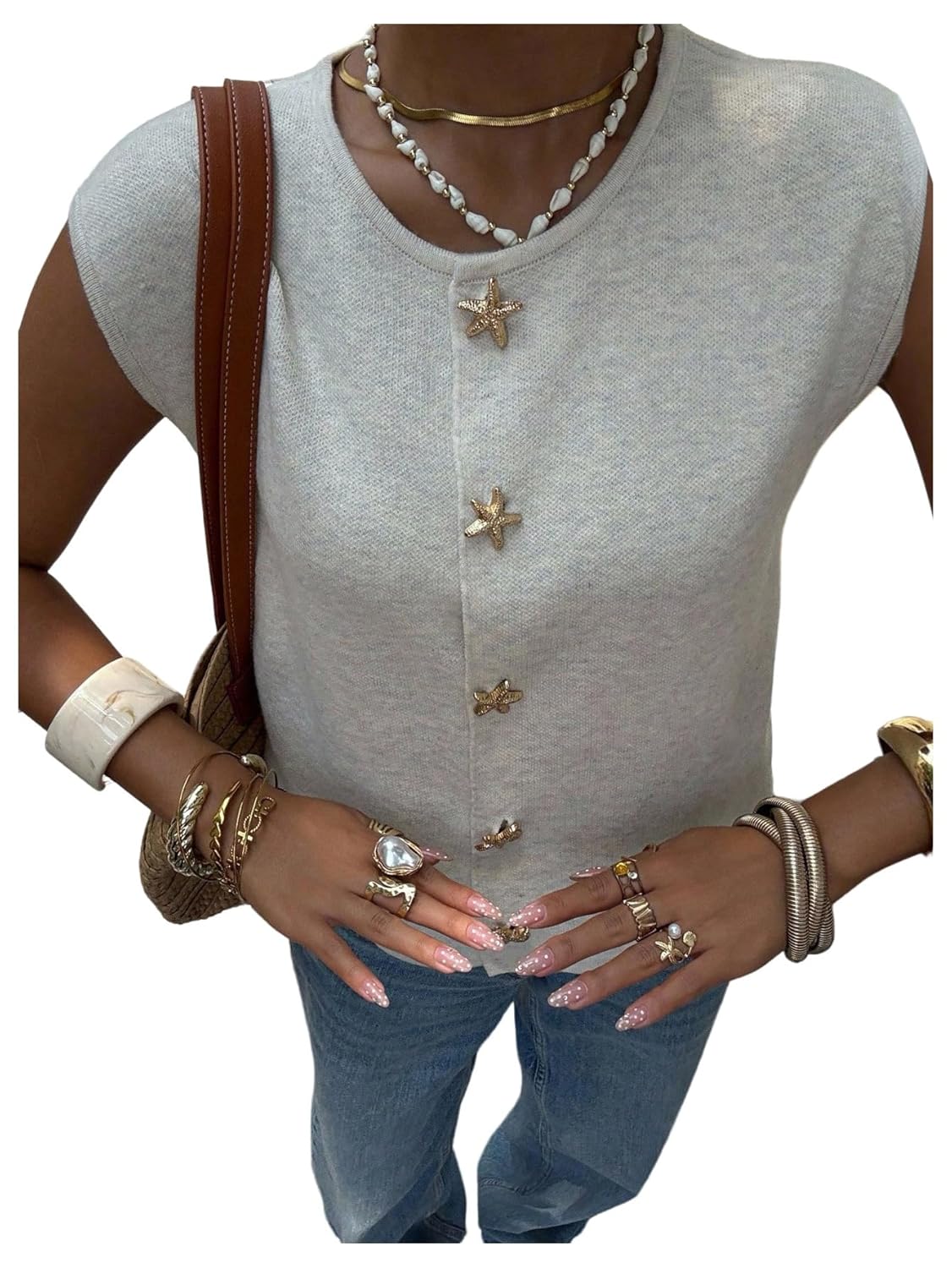 Verdusa Womens Old Money Clothes Starfish Metal Cap Sleeve Button Down Sweater Vest Tops