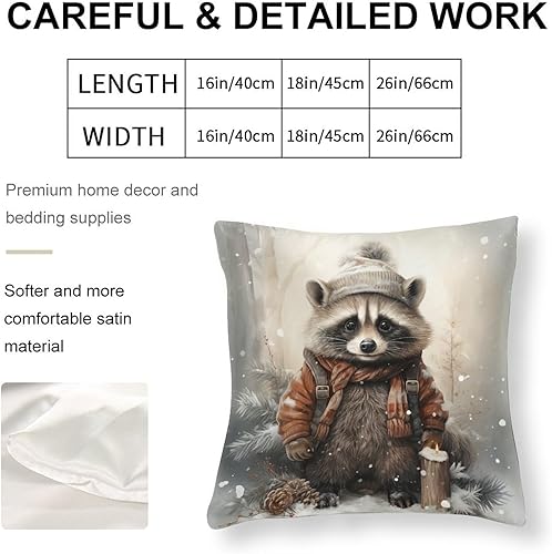 Miniatura 2 de HighonHi Fundas de almohada decorativas de 26 x 26 pulgadas, lindas fundas de cojín de satén de dibujos animados de mapache de Navidad, nieve e