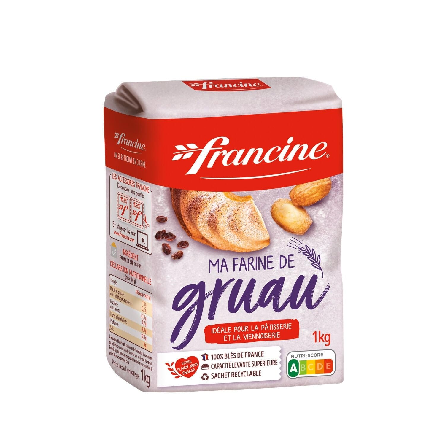FRANCINE Farine de Gruau T45 1 kg, farine de blé française pour pâtisserie et viennoiserie, capacité levante supérieure, sachet recyclable - Lot de 4